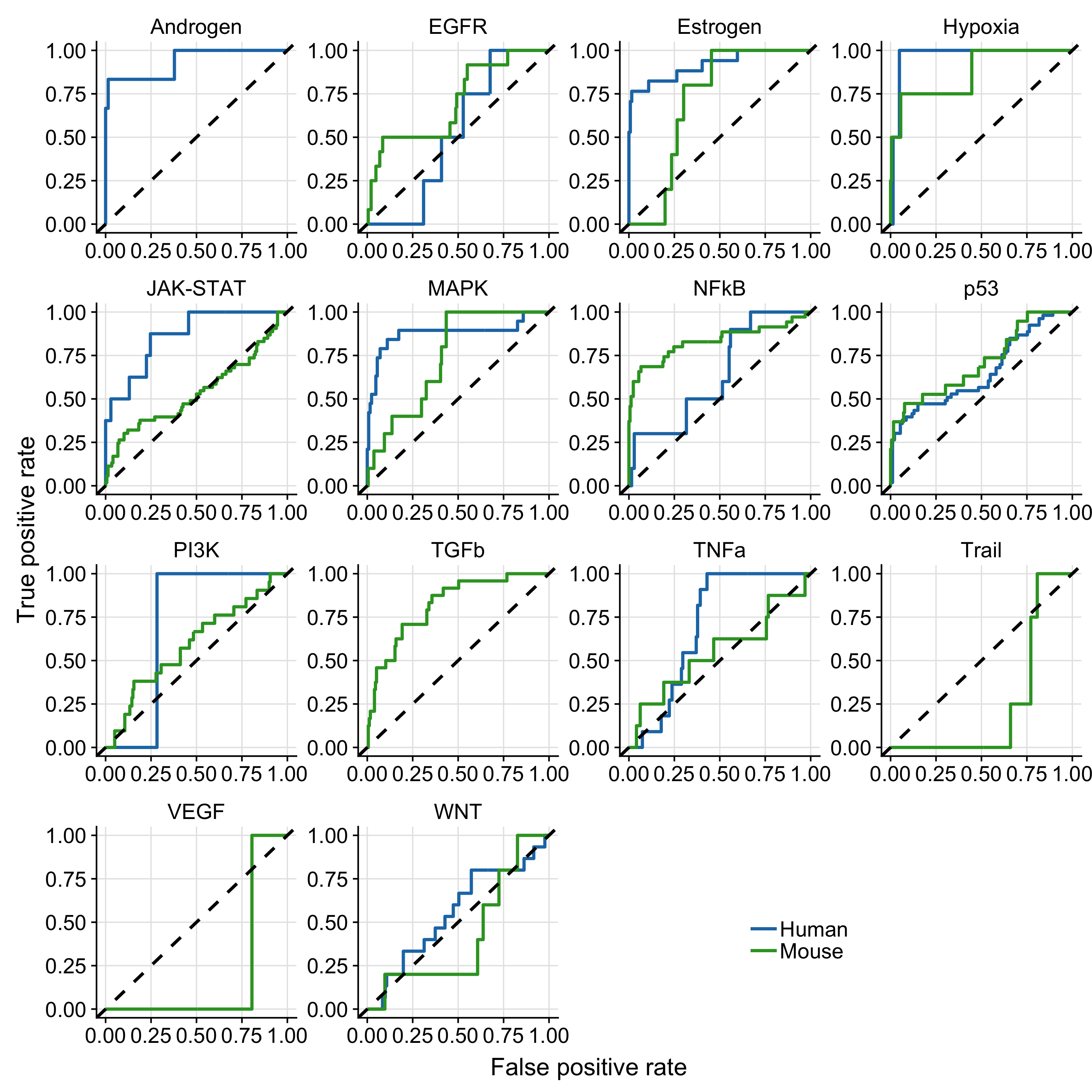 Results of pathway-wise ROC-curves analysis. The dashed line indicate the performance of a random model. Missing mouse or human ROC-curves are due to missing benchmark data for the corresponding pathway.