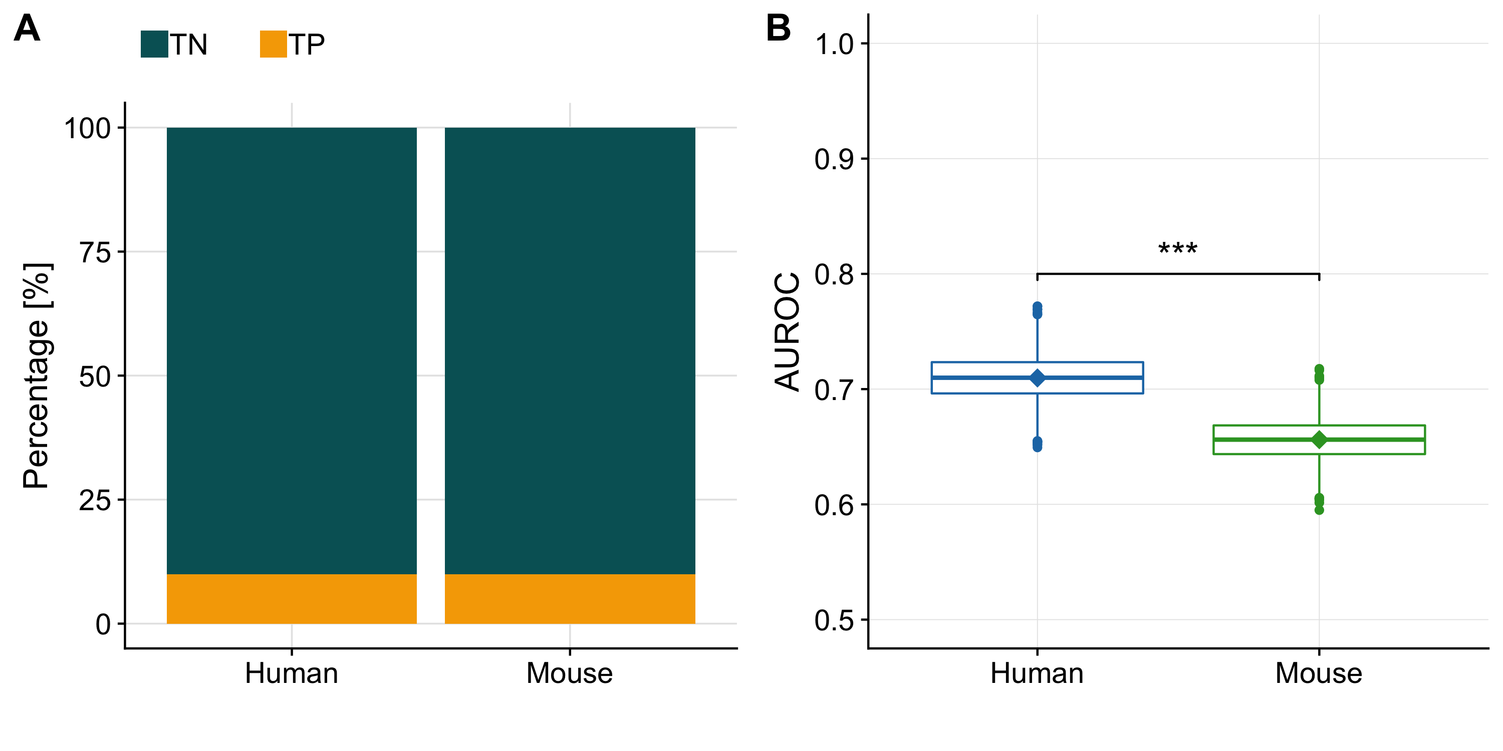 (A) Barplot showing the imbalance of true negatives (TN) and true positives (TP) in our benchmark dataset for human and mouse. (B) Distribution of AUROC’s computed for human and mouse separately from a balanced dataset (generated by downsampling the TN to equal the number of TP). The diamonds indicate the AUROC of the unbalanced dataset.