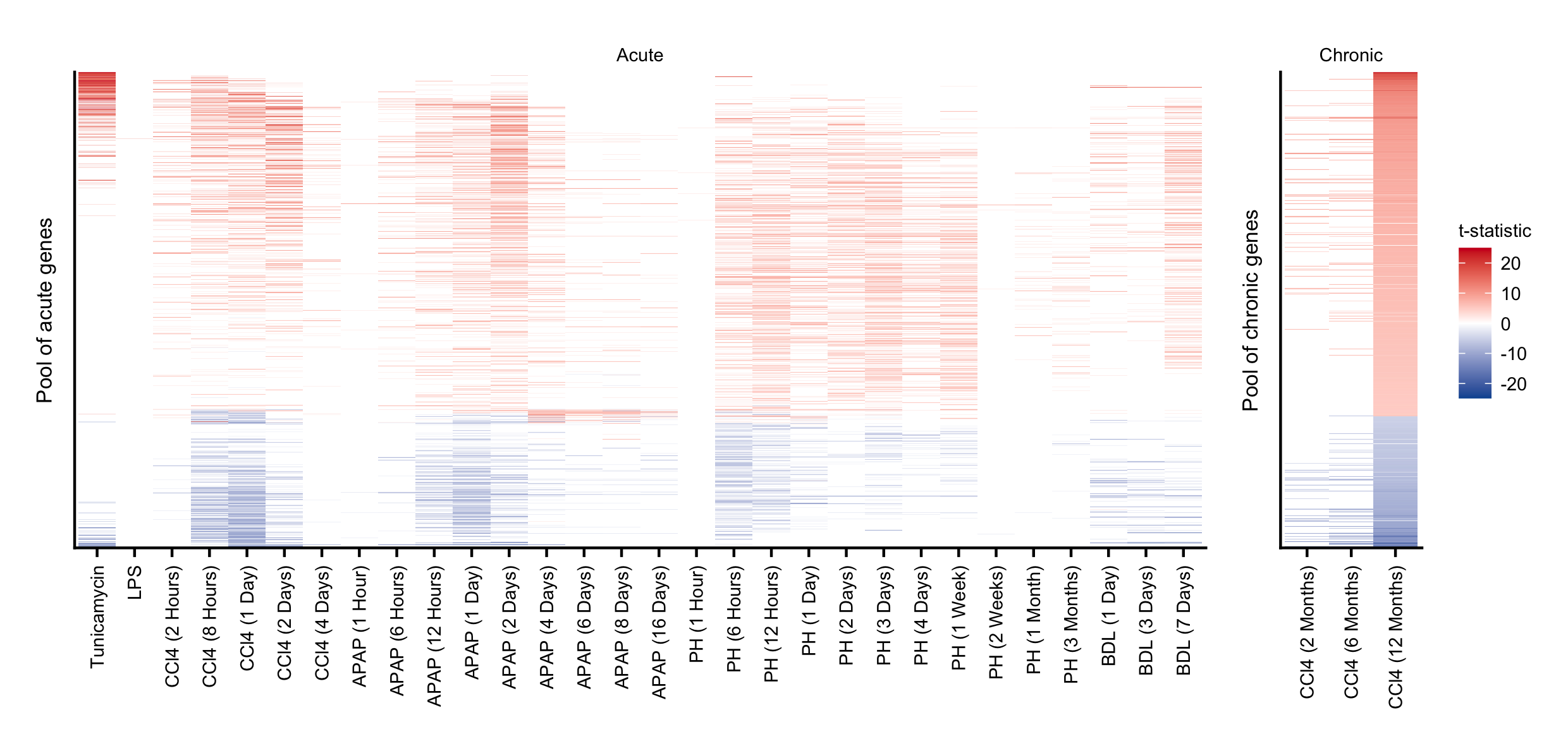 Pool of unified acute and chronic genes demonstrating their respective consistent direction of regulation as indicated by t-statistic.