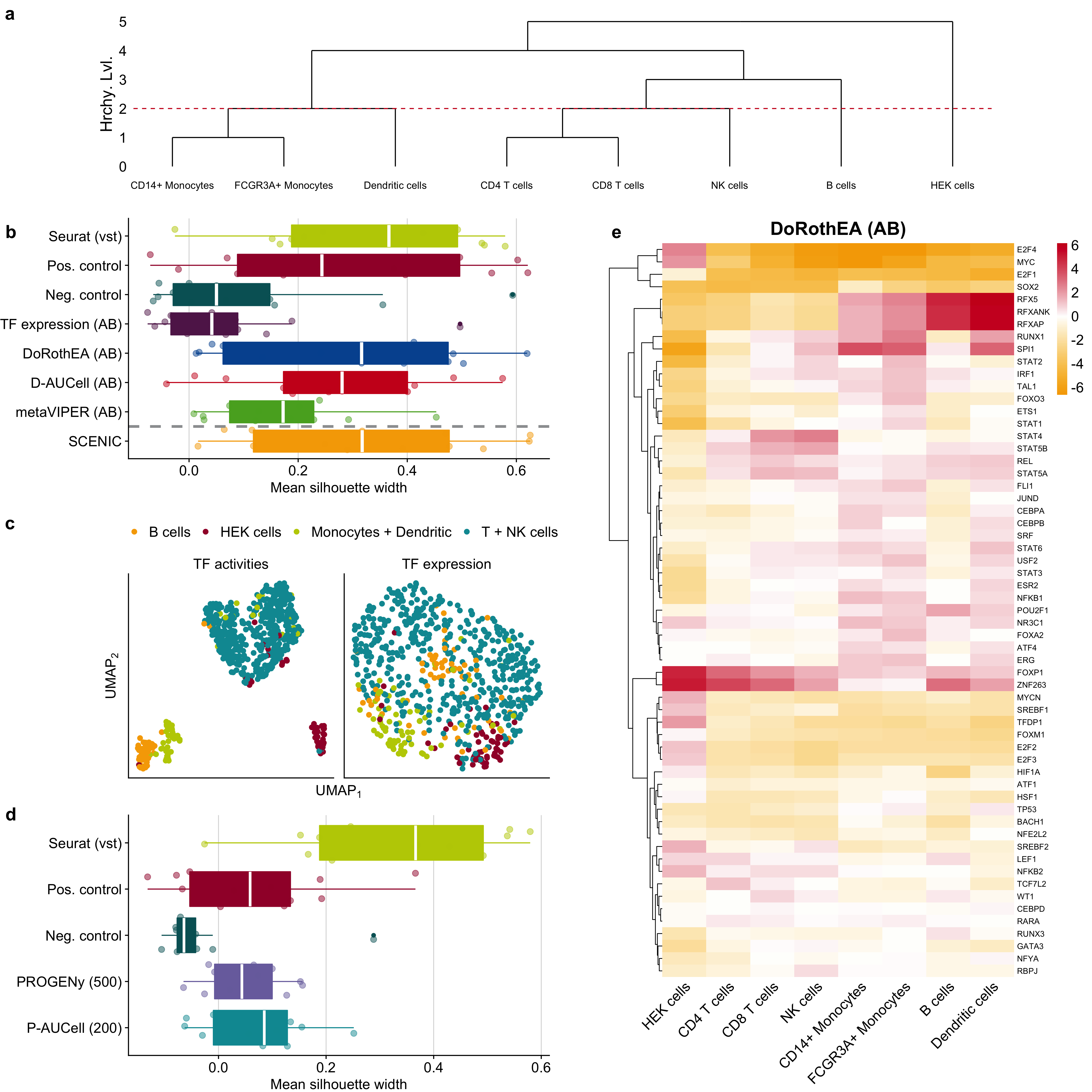 Application of TF and pathway analysis tools on a representative scRNA-seq dataset of PBMCs and HEK cells. a Dendrogram showing how cell lines/cell types are clustered together based on different hierarchy levels. The dashed line marks the hierarchy level 2, where CD4 T cells, CD8 T cells, and NK cells are aggregated into a single cluster. Similarly, CD14+ monocytes, FCGR3A+ monocytes, and dendritic cells are also aggregated to a single cluster. The B cells and HEK cells are represented by separate, pure clusters. b, d Comparison of cluster purity (clusters are defined by hierarchy level 2) between the top 2000 highly variable genes and b TF activity and TF expression and d pathway activities. The dashed line in b separates SCENIC as it is not directly comparable to the other TF analysis tools and controls due to a different number of considered TFs. c UMAP plots of TF activities calculated with DoRothEA and corresponding TF expression measured by SMART-Seq2 protocol. e Heatmap of selected TF activities inferred with DoRothEA from gene expression data generated via Quartz-Seq2.